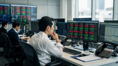 Currency traders monitoring yen-dollar rates on screens in Tokyo dealing room, concerned expressions