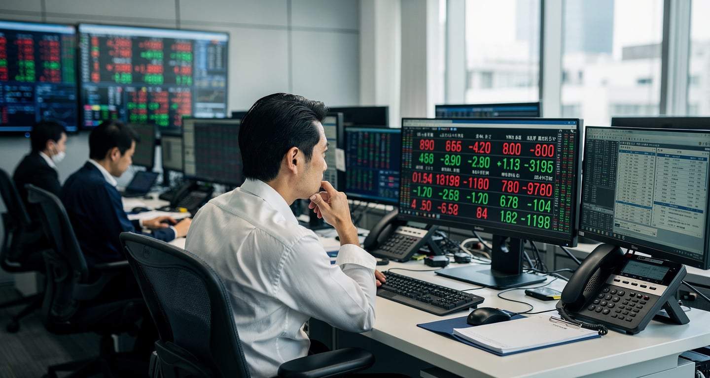 Currency traders monitoring yen-dollar rates on screens in Tokyo dealing room, concerned expressions