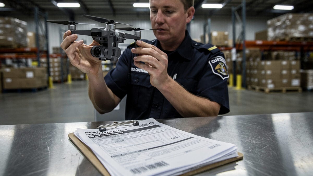 Customs inspector examining commercial drone at U.S. port of entry with tariff documents