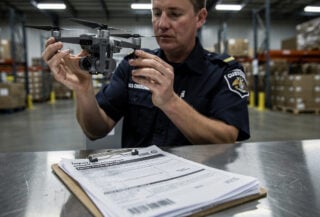 Customs inspector examining commercial drone at U.S. port of entry with tariff documents