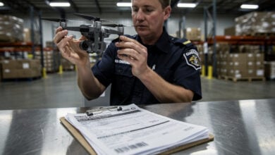Customs inspector examining commercial drone at U.S. port of entry with tariff documents