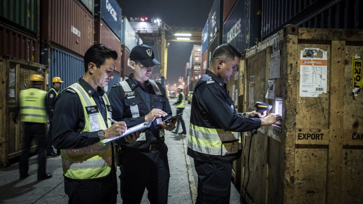 Customs officers inspecting shipping containers and export documents at Singapore port