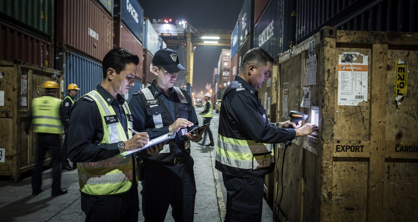 Customs officers inspecting shipping containers and export documents at Singapore port
