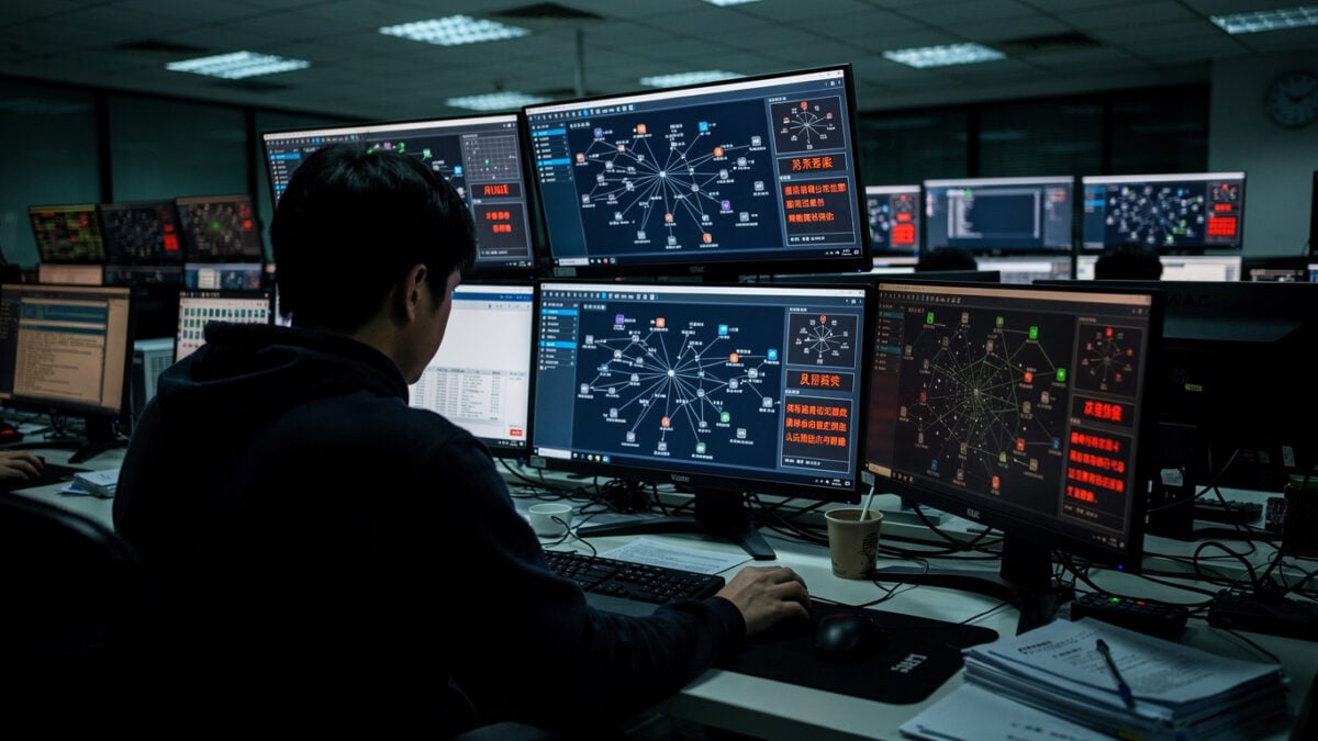 Cybersecurity analyst monitoring network alerts on multiple screens in Taipei government SOC, red indicators visible
