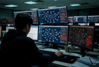 Cybersecurity analyst monitoring network alerts on multiple screens in Taipei government SOC, red indicators visible