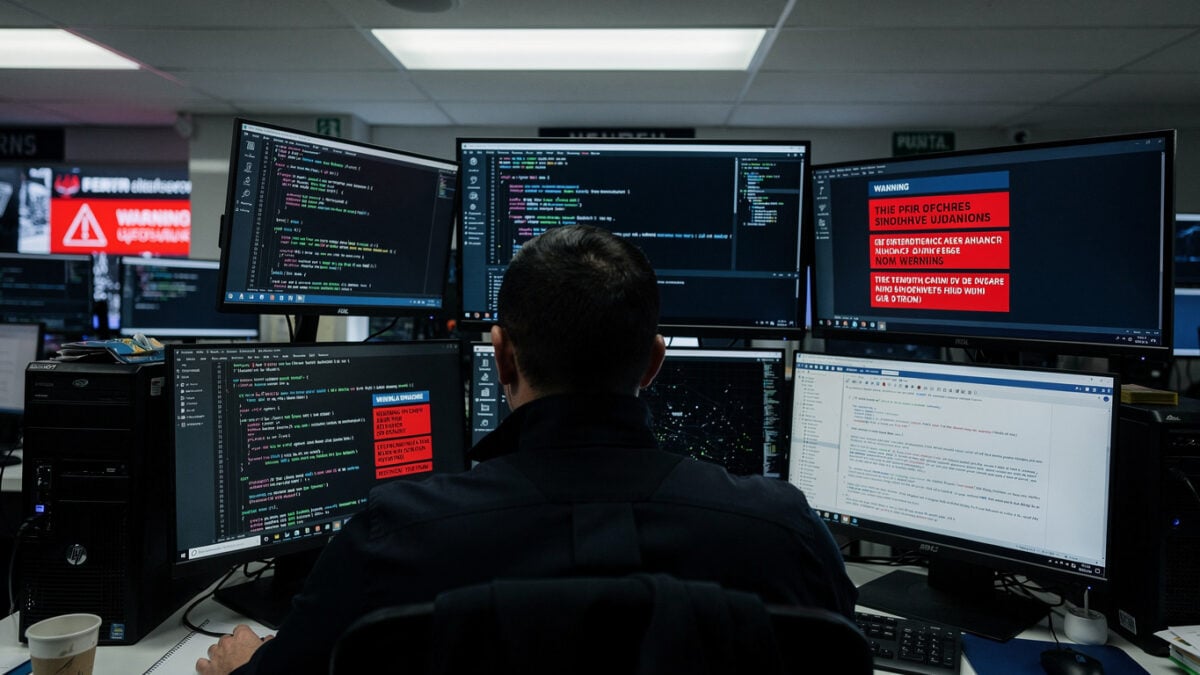 Cybersecurity analyst reviewing code alerts at Perth police cyber unit office, multiple monitors