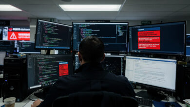 Cybersecurity analyst reviewing code alerts at Perth police cyber unit office, multiple monitors