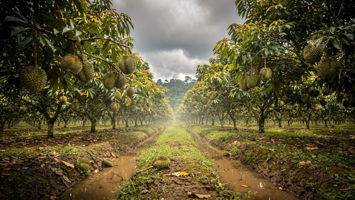 Durian orchard in Perak, Malaysia, with irrigation channels and heat haze rising from tree rows
