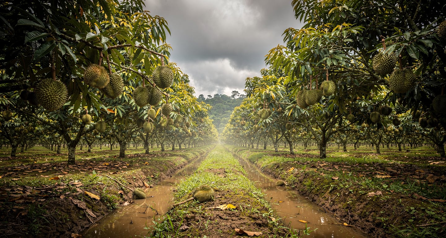 Durian orchard in Perak, Malaysia, with irrigation channels and heat haze rising from tree rows