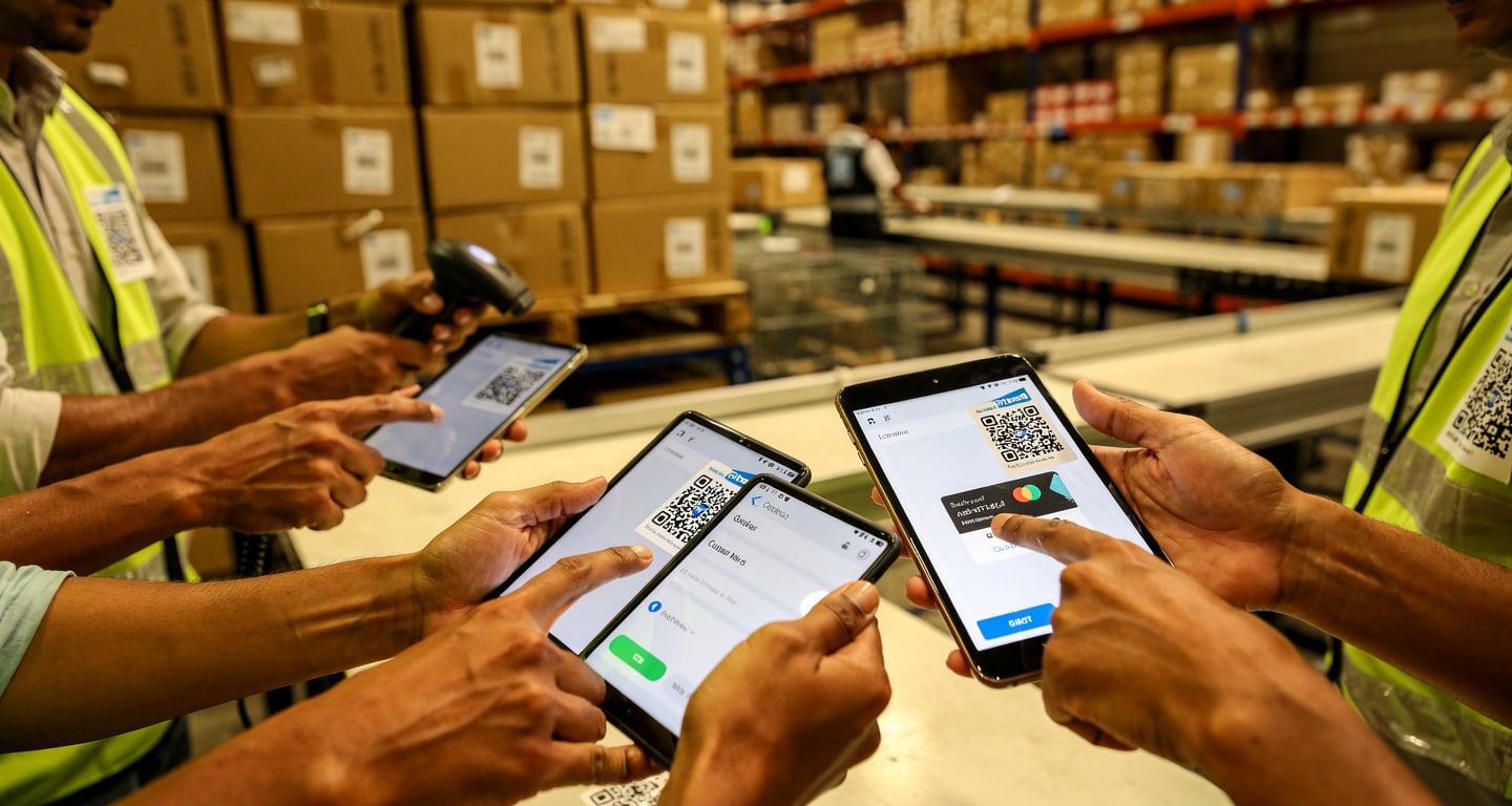 E-commerce fulfillment workers processing UPI payments on tablets in an Indian warehouse
