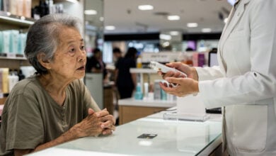 Elderly woman at beauty counter in Hong Kong department store, salesperson demonstrating skincare device, credit card on counter