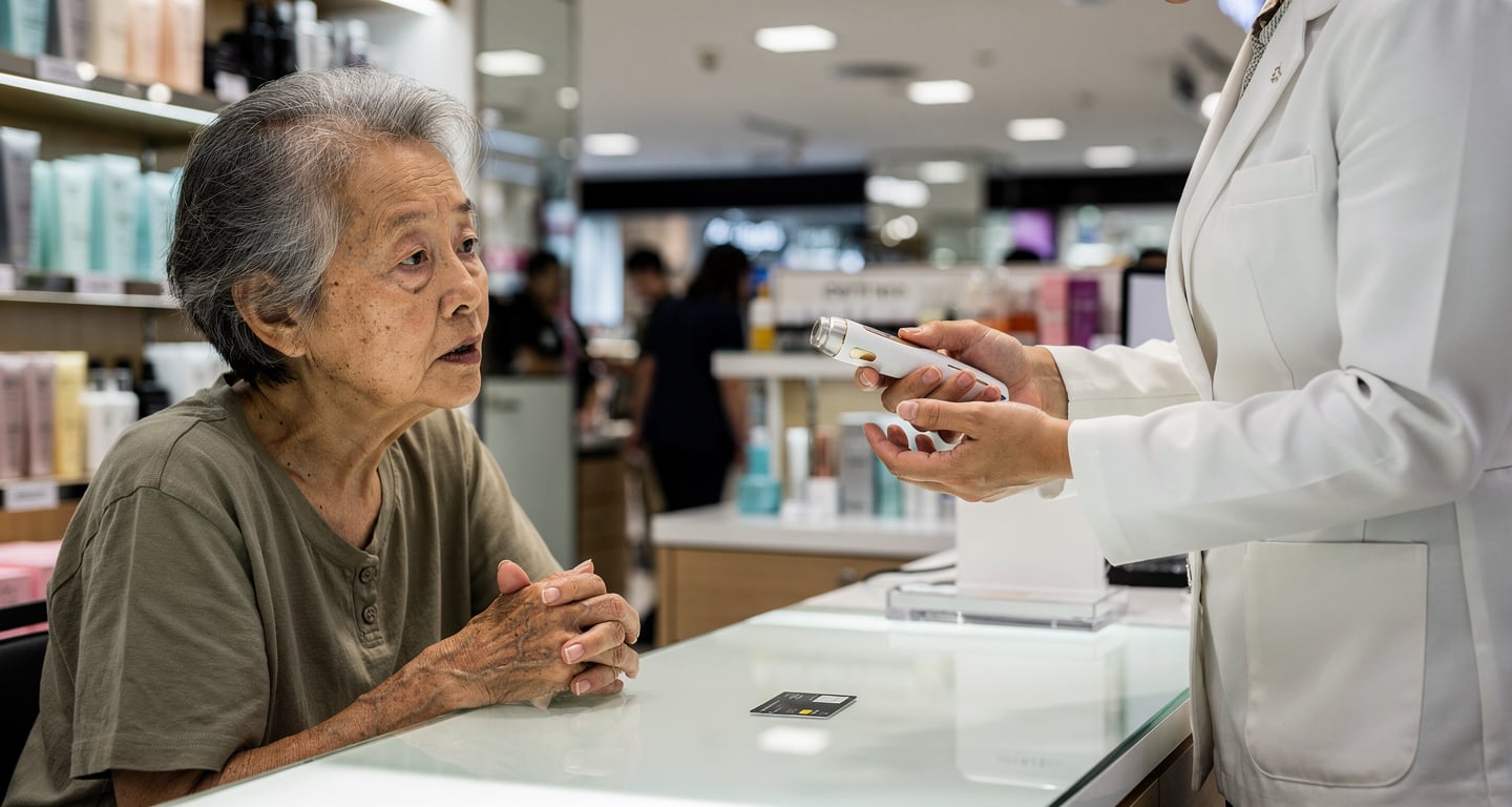 Elderly woman at beauty counter in Hong Kong department store, salesperson demonstrating skincare device, credit card on counter