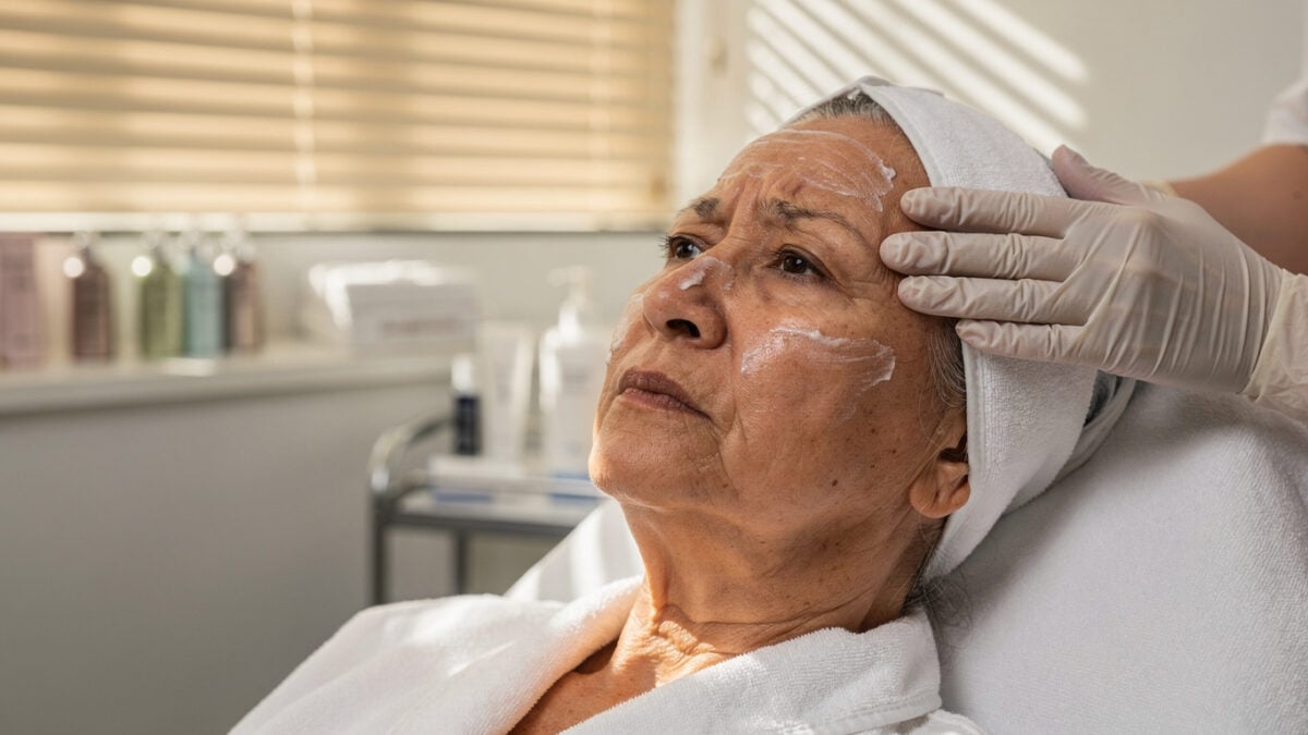 Elderly woman receiving facial treatment in Singapore beauty salon, clinical spa setting