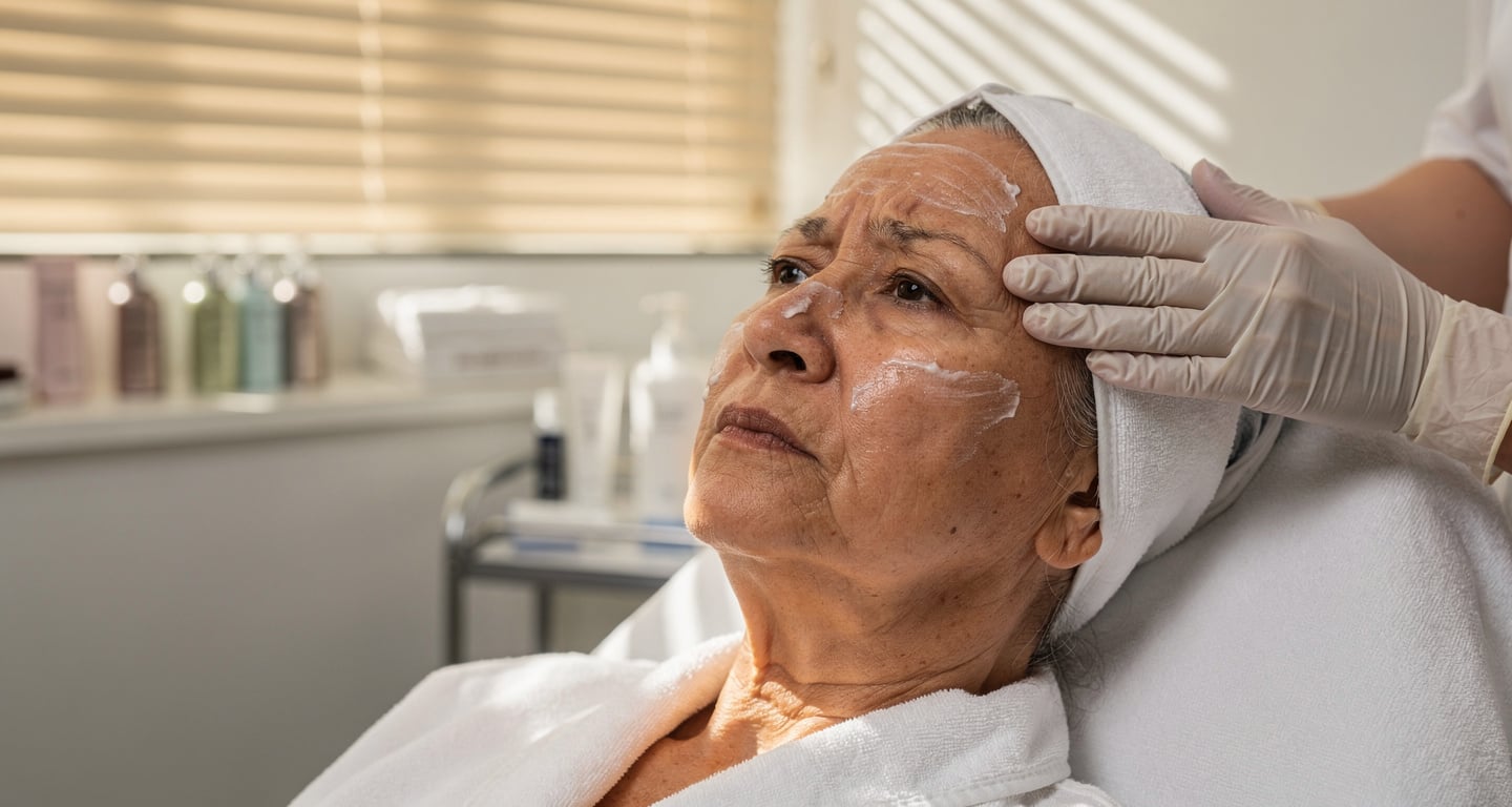 Elderly woman receiving facial treatment in Singapore beauty salon, clinical spa setting