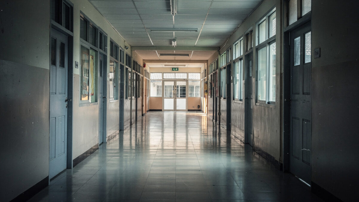 Empty school hallway with closed doors, morning light, Bangkok institutional setting