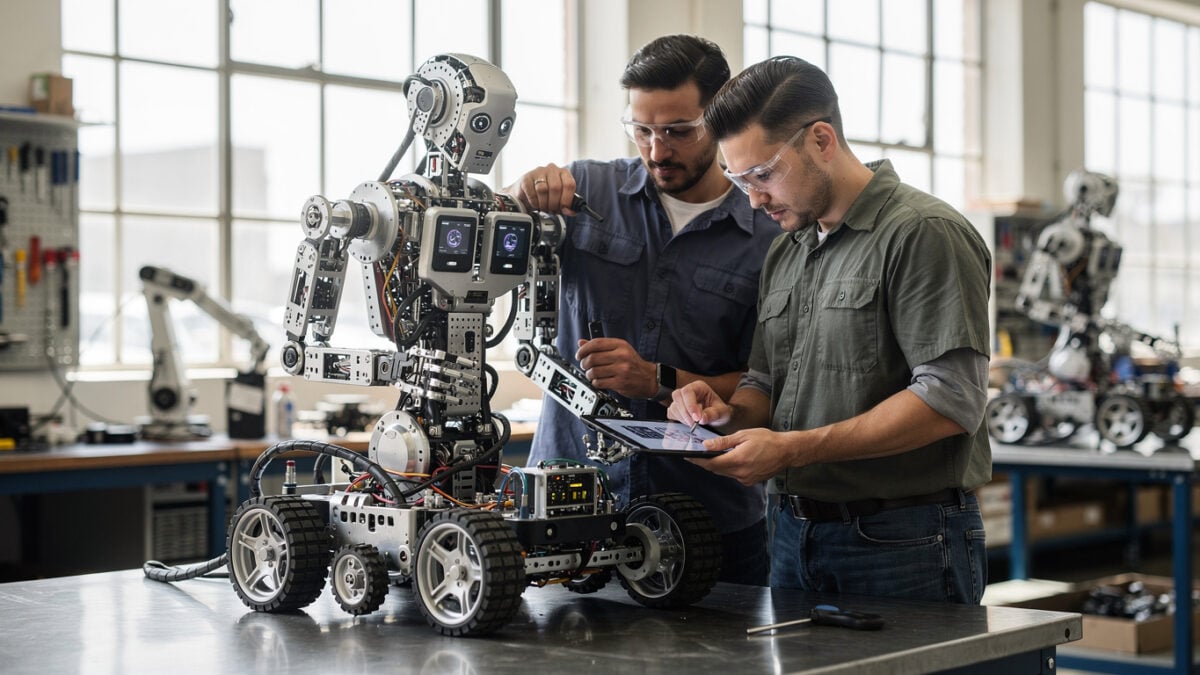 Engineers assembling humanoid robot torso on factory workbench, Long Island industrial facility, daylight