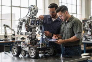 Engineers assembling humanoid robot torso on factory workbench, Long Island industrial facility, daylight