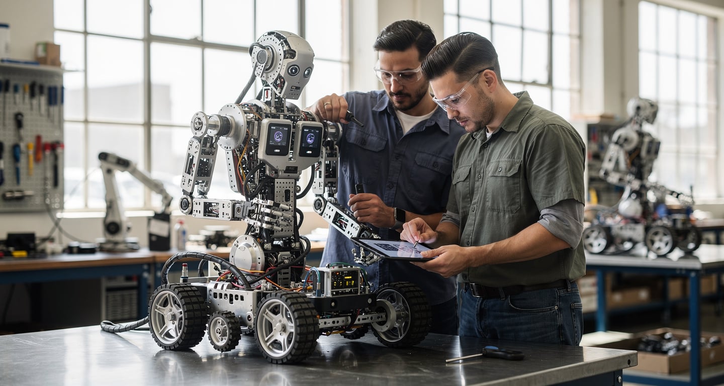 Engineers assembling humanoid robot torso on factory workbench, Long Island industrial facility, daylight