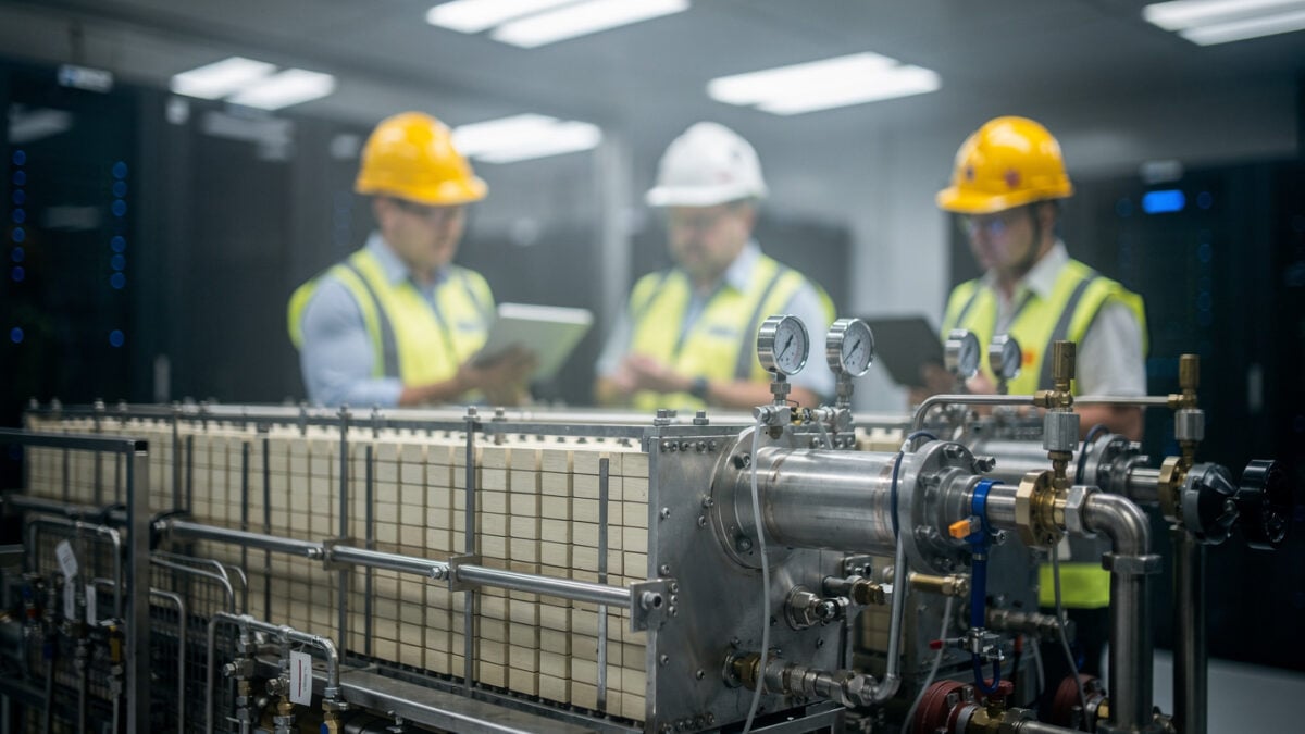 Engineers inspecting solid oxide fuel cell stack in Singapore data centre facility