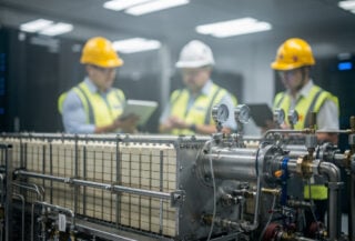 Engineers inspecting solid oxide fuel cell stack in Singapore data centre facility