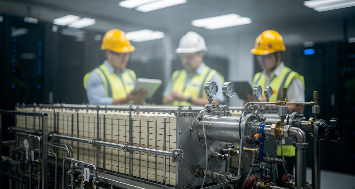 Engineers inspecting solid oxide fuel cell stack in Singapore data centre facility