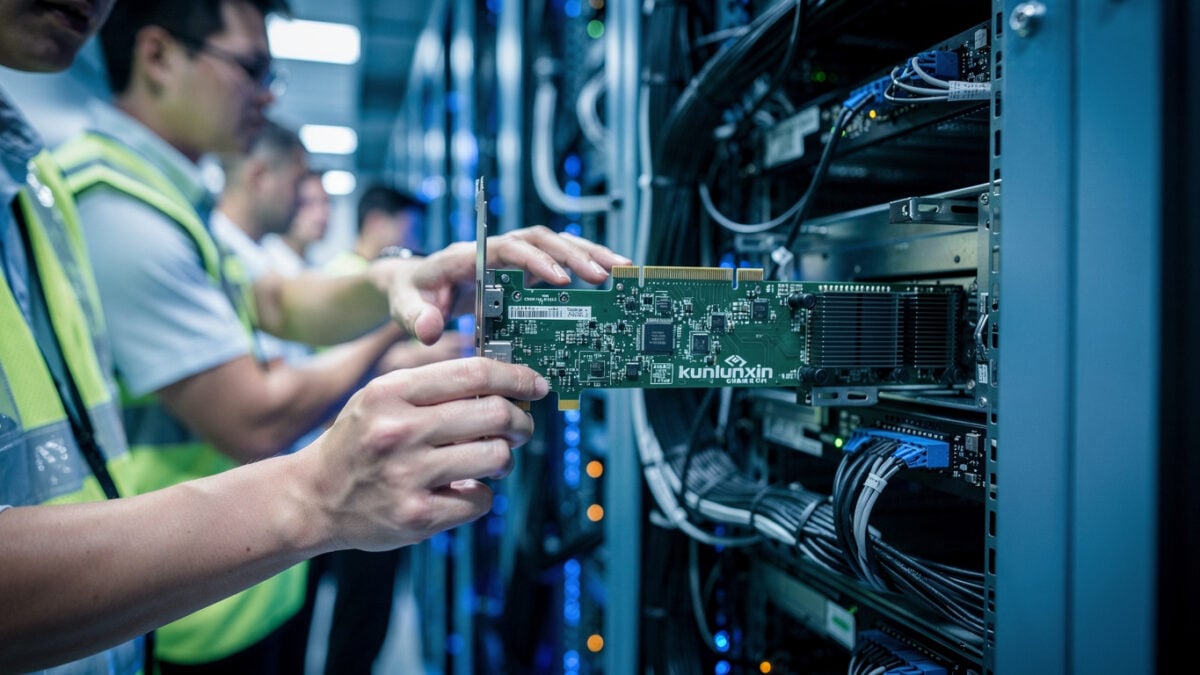 Engineers installing Kunlunxin GPU accelerator cards in Beijing data center server racks