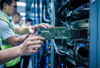 Engineers installing Kunlunxin GPU accelerator cards in Beijing data center server racks