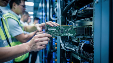 Engineers installing Kunlunxin GPU accelerator cards in Beijing data center server racks