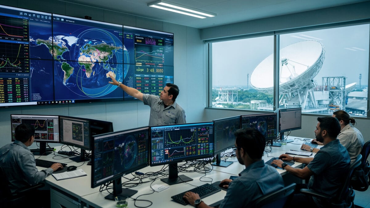 Engineers monitoring satellite telemetry in Bangkok ground control station, antenna visible through window