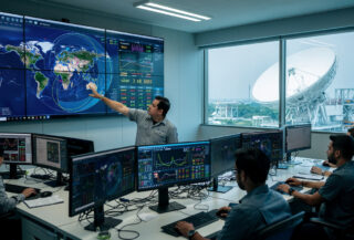 Engineers monitoring satellite telemetry in Bangkok ground control station, antenna visible through window