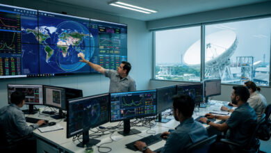 Engineers monitoring satellite telemetry in Bangkok ground control station, antenna visible through window