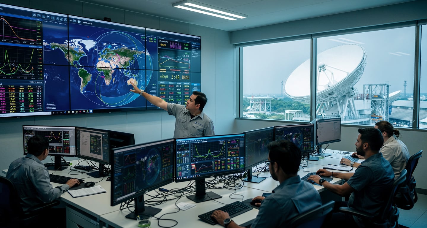 Engineers monitoring satellite telemetry in Bangkok ground control station, antenna visible through window
