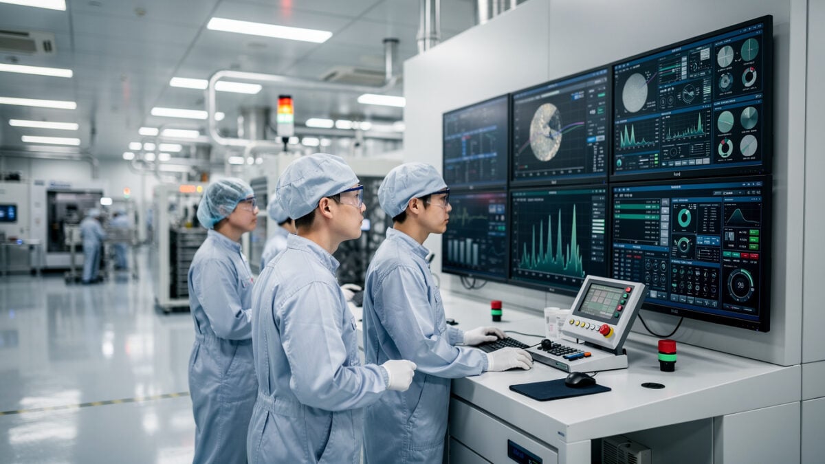 Engineers monitoring semiconductor wafer production at Seoul fab facility control panel