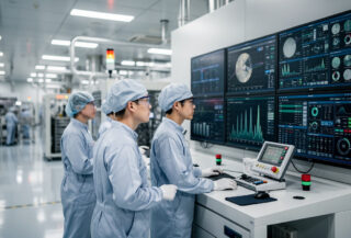 Engineers monitoring semiconductor wafer production at Seoul fab facility control panel