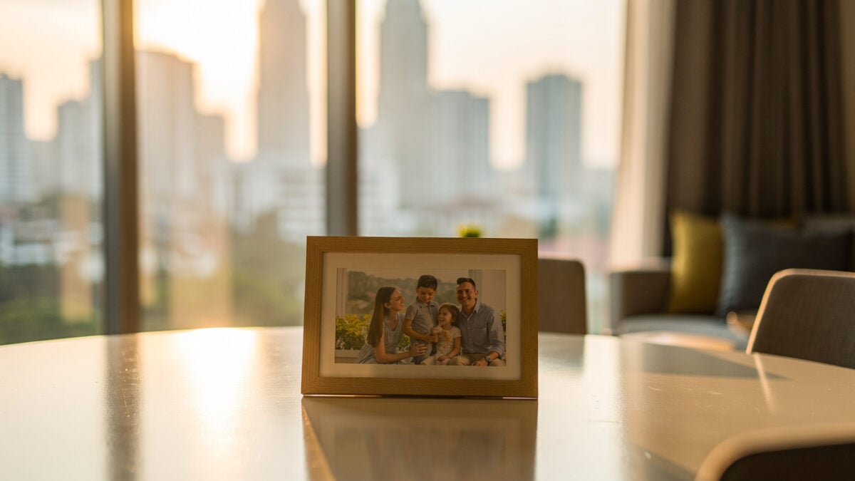 Family photograph on dining table in modern Kuala Lumpur condominium, morning light, urban skyline visible through windows