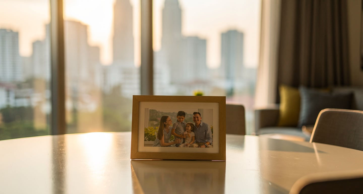 Family photograph on dining table in modern Kuala Lumpur condominium, morning light, urban skyline visible through windows