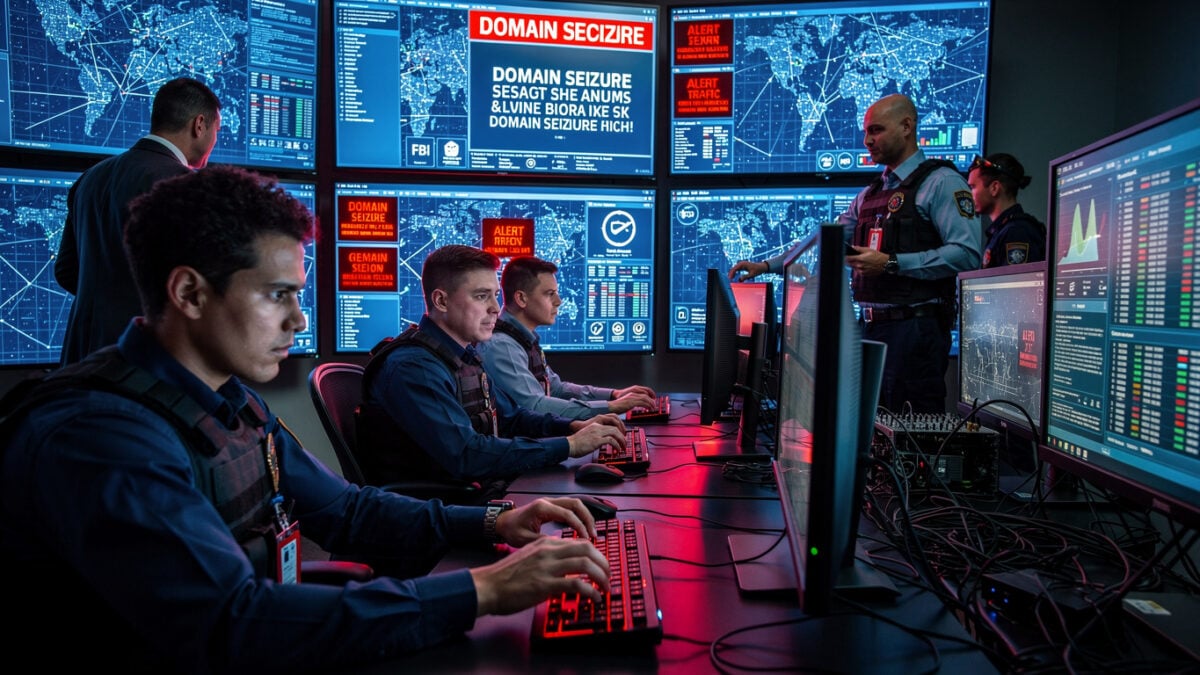 FBI cybersecurity specialists monitoring domain seizure operations in federal command center, multiple alert screens visible