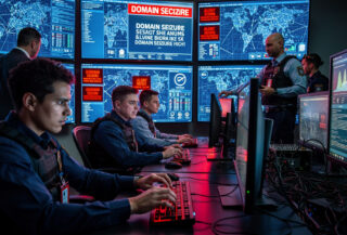 FBI cybersecurity specialists monitoring domain seizure operations in federal command center, multiple alert screens visible