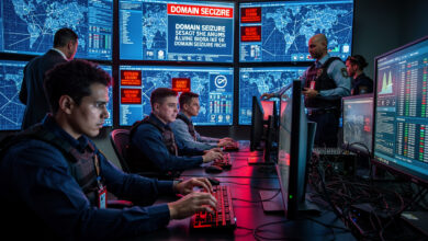 FBI cybersecurity specialists monitoring domain seizure operations in federal command center, multiple alert screens visible