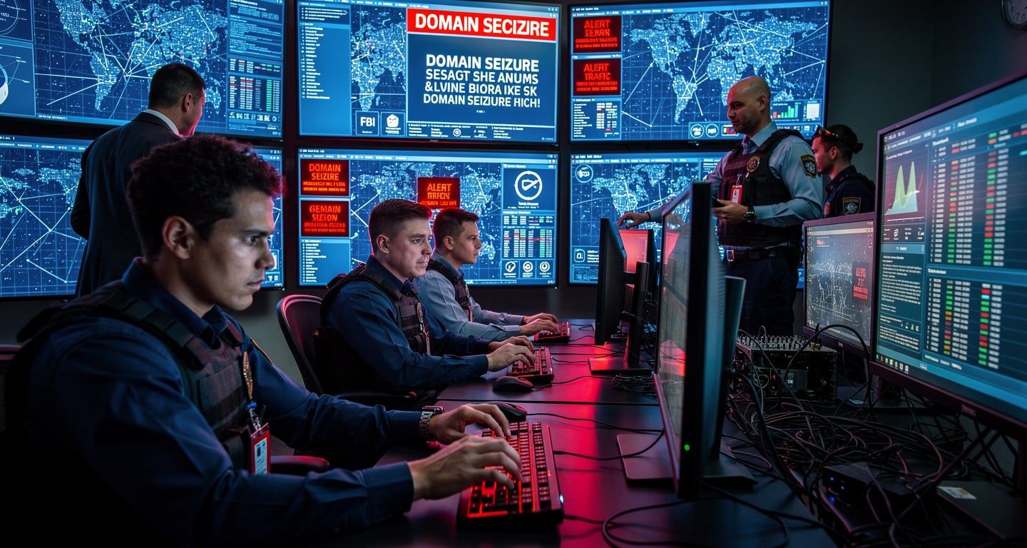 FBI cybersecurity specialists monitoring domain seizure operations in federal command center, multiple alert screens visible