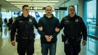 Federal agents escorting detainee through Atlanta airport terminal, fluorescent lighting