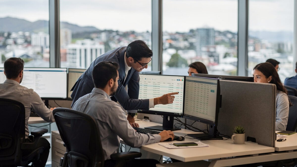 Finance team reviewing automated reconciliation data on monitors in Wellington office