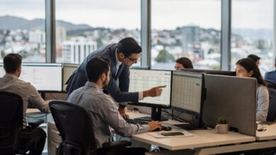 Finance team reviewing automated reconciliation data on monitors in Wellington office