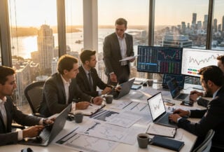 Financial professionals reviewing deal documents in modern Sydney office with market screens visible