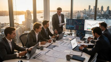 Financial professionals reviewing deal documents in modern Sydney office with market screens visible