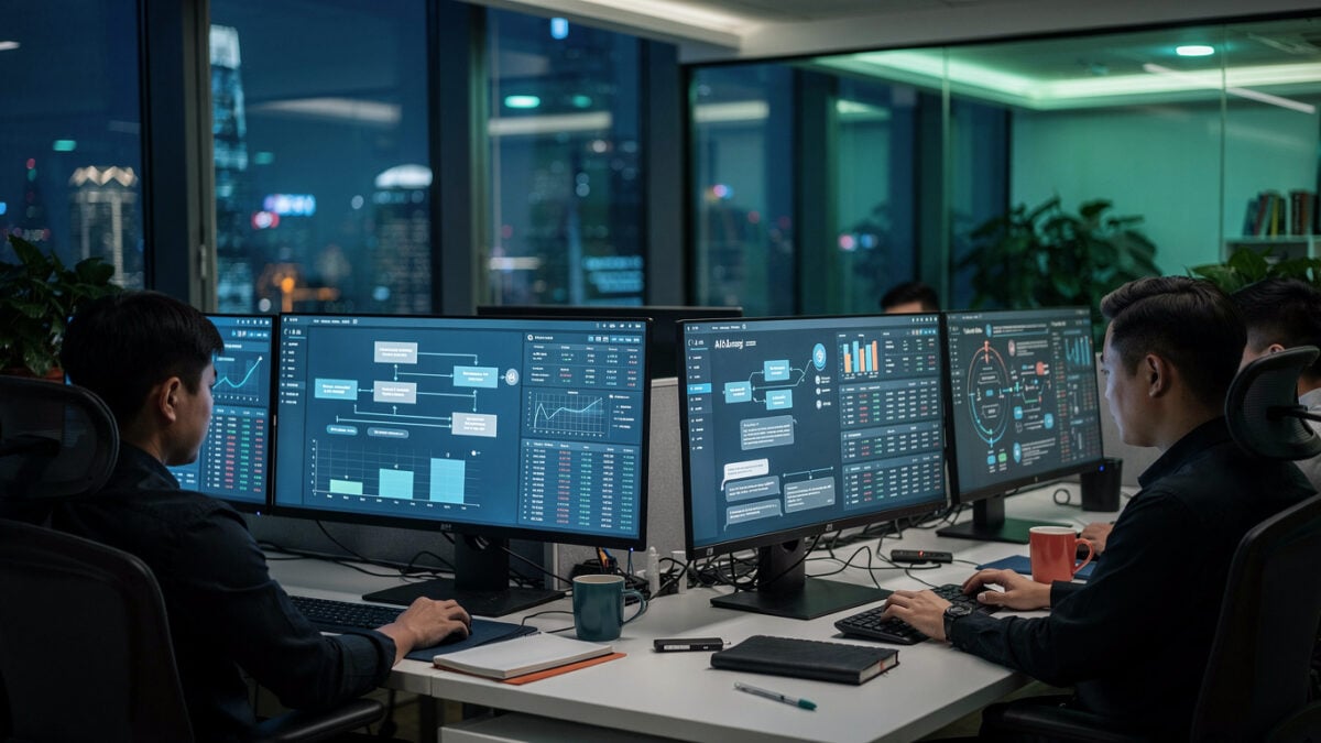 Fintech developers monitoring payment transaction flows on screens in Shanghai office, blue-green lighting