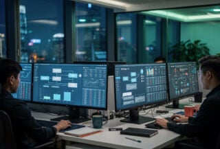 Fintech developers monitoring payment transaction flows on screens in Shanghai office, blue-green lighting