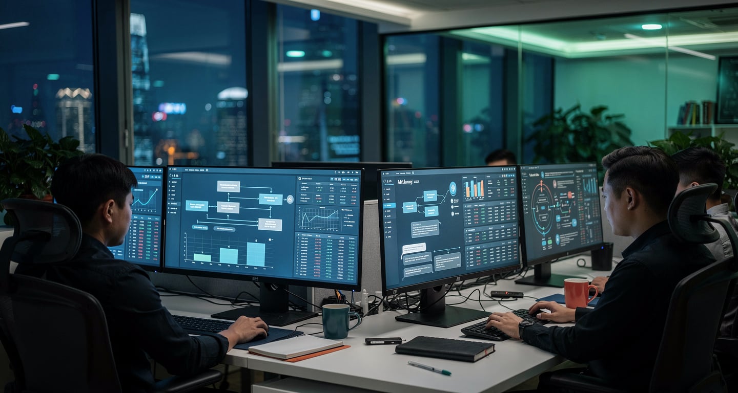 Fintech developers monitoring payment transaction flows on screens in Shanghai office, blue-green lighting