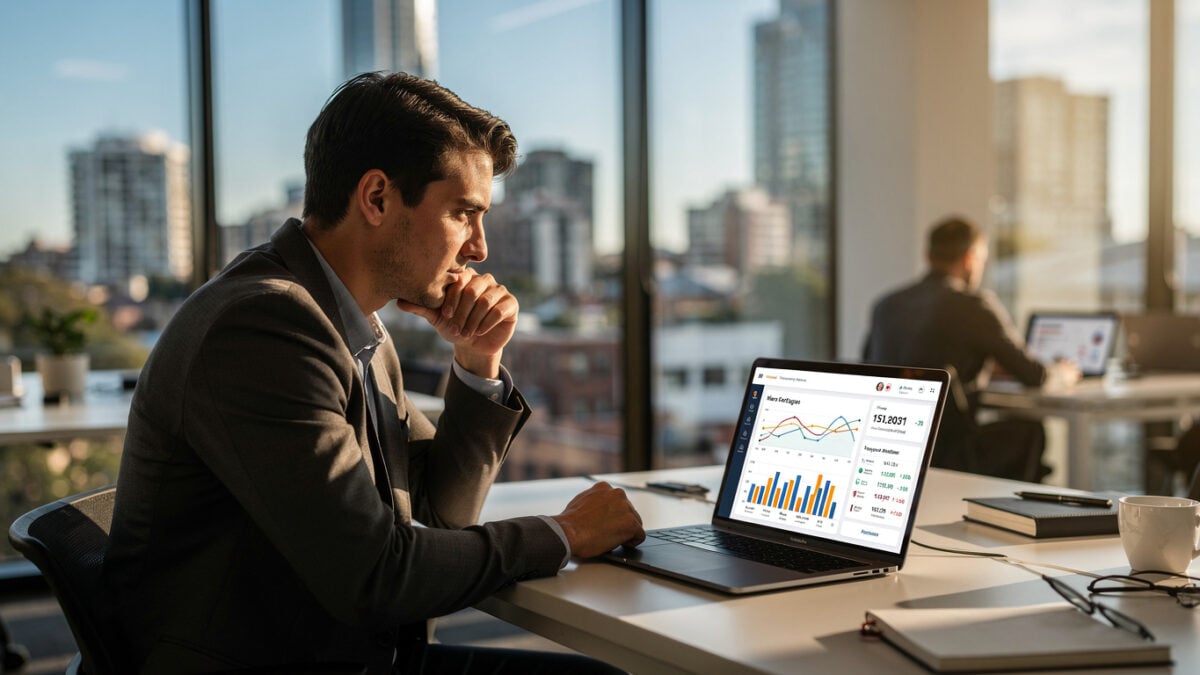 Fintech professional reviewing banking dashboards at Sydney office desk, afternoon light
