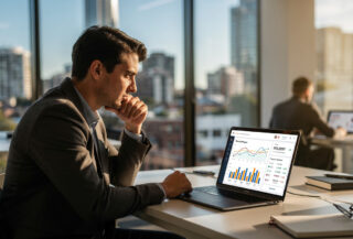 Fintech professional reviewing banking dashboards at Sydney office desk, afternoon light